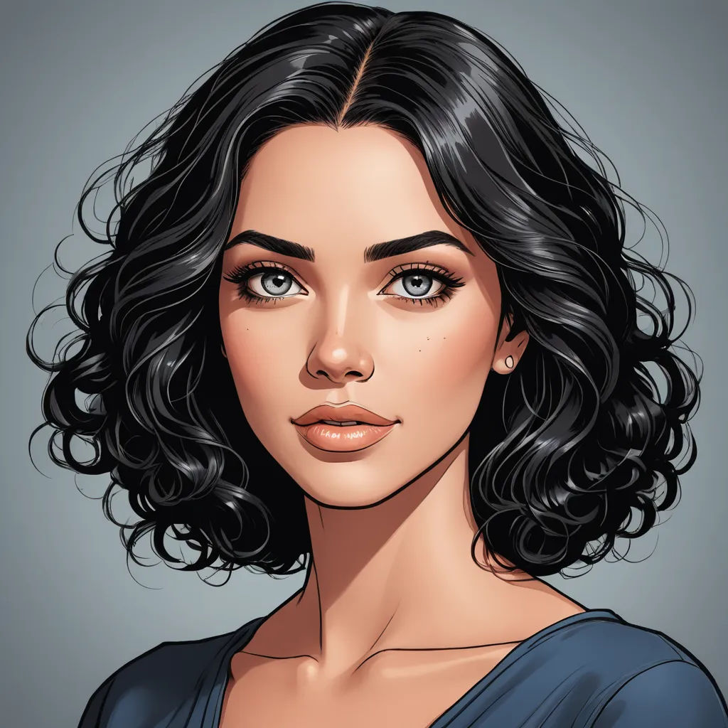 a woman with a black hair and blue eyes is shown in a digital painting style, with a gray background, fantasy art, a character portrait, Charlie Bowater, realistic shaded perfect face