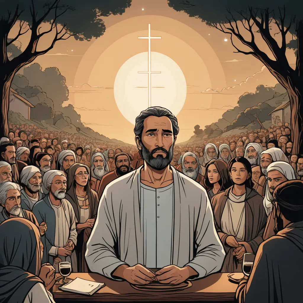 a man standing in front of a crowd of people with a cross on his head and a cross on his chest, purism, a comic book panel, Asaf Hanuka, graphic novel