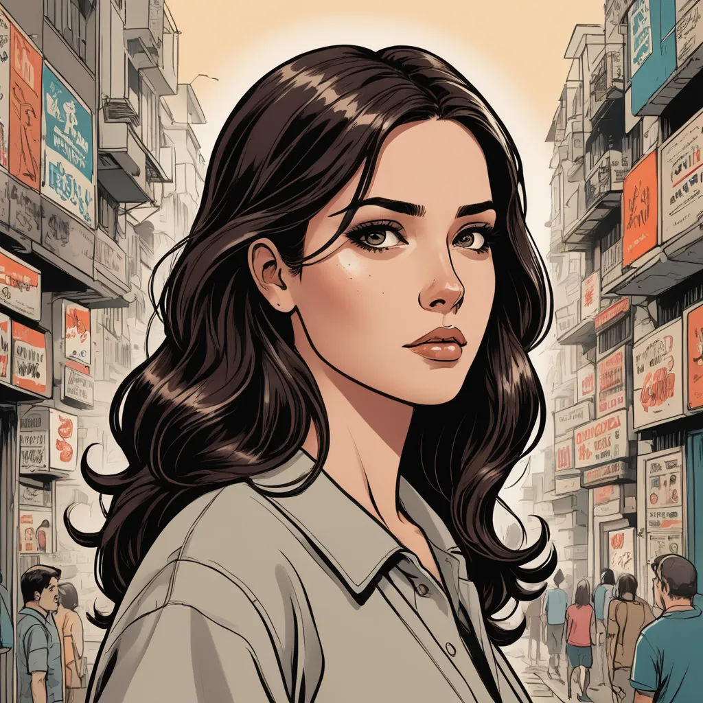 a woman with long hair standing in a street with people walking by on the sidewalk and buildings in the background, private press, a character portrait, Artgerm, rossdraws global illumination