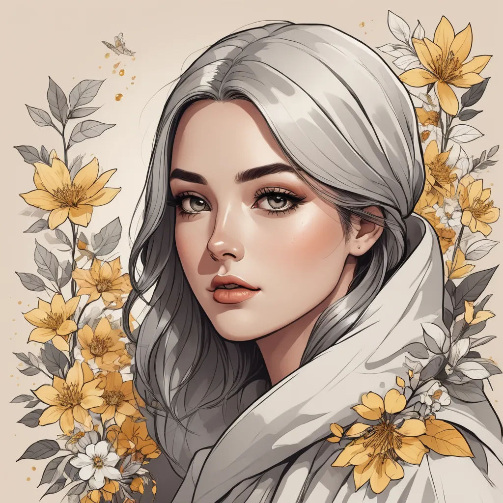 a woman with long hair and a scarf around her neck and flowers around her neck, with a butterfly flying overhead, fantasy art, a detailed drawing, Charlie Bowater, rossdraws global illumination