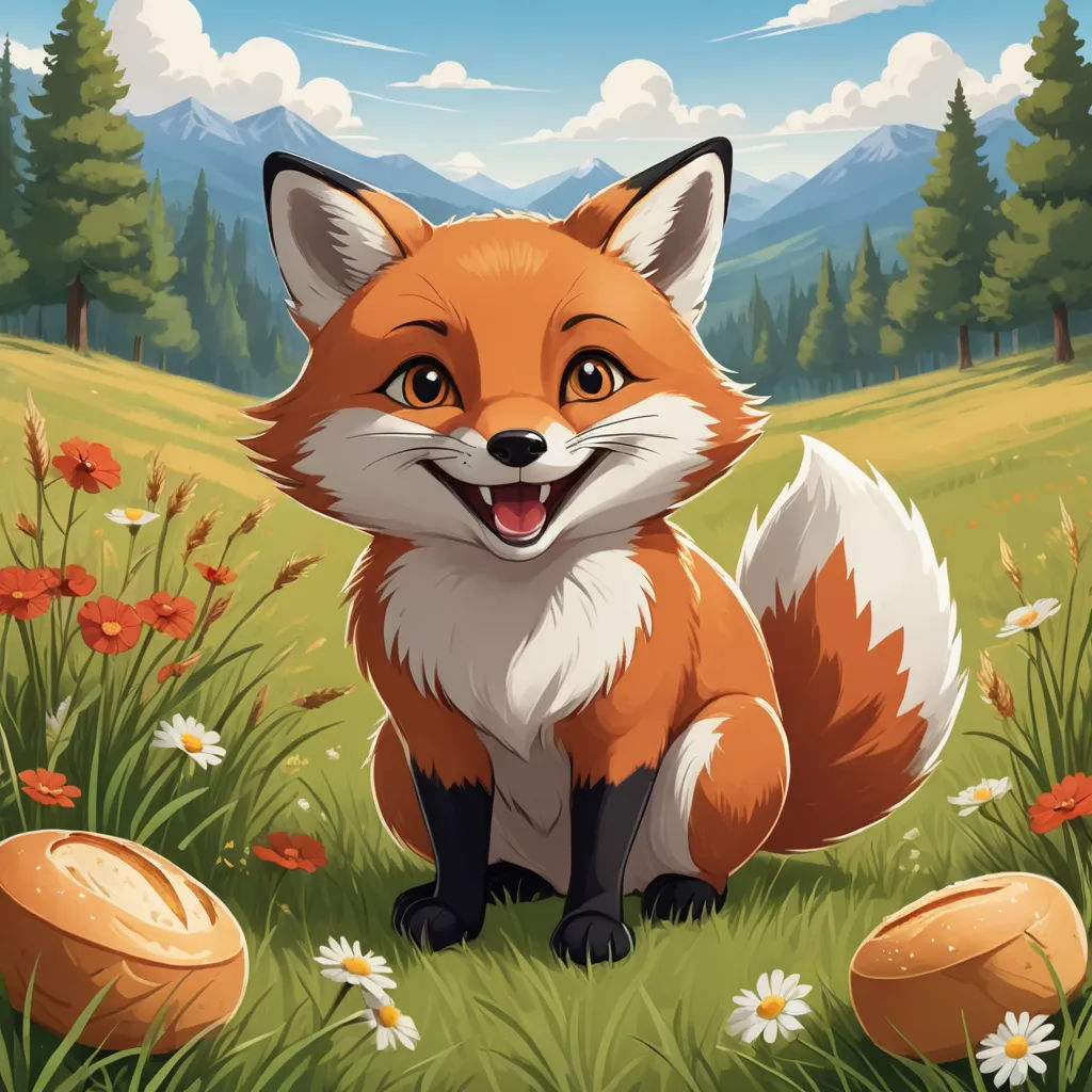 a cartoon fox sitting in a field of flowers and grass with a mountain in the background and a sky with clouds, furry art, a character portrait, Anne Said, game art