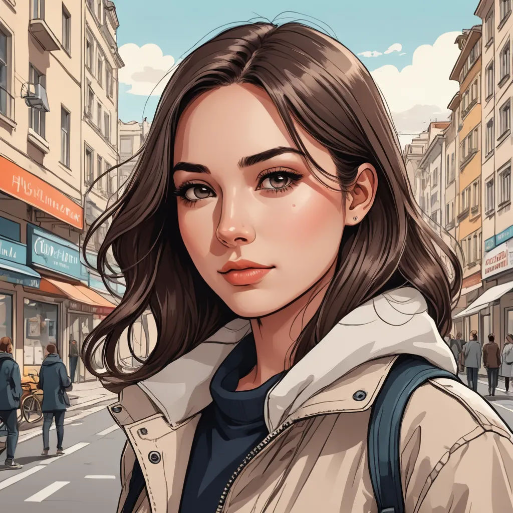 a woman in a jacket is standing on the street in front of a building and a man is walking, photorealism, a detailed painting, Alena Aenami, trending on art station