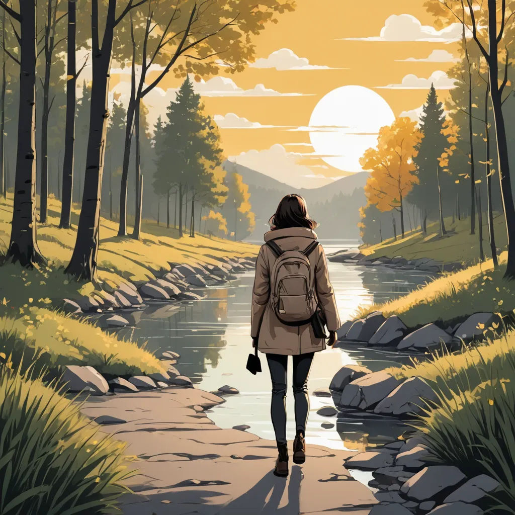 a person walking down a path near a river with a backpack on it's back and a sunset in the background, environmental art, poster art, Atey Ghailan, rossdraws global illumination