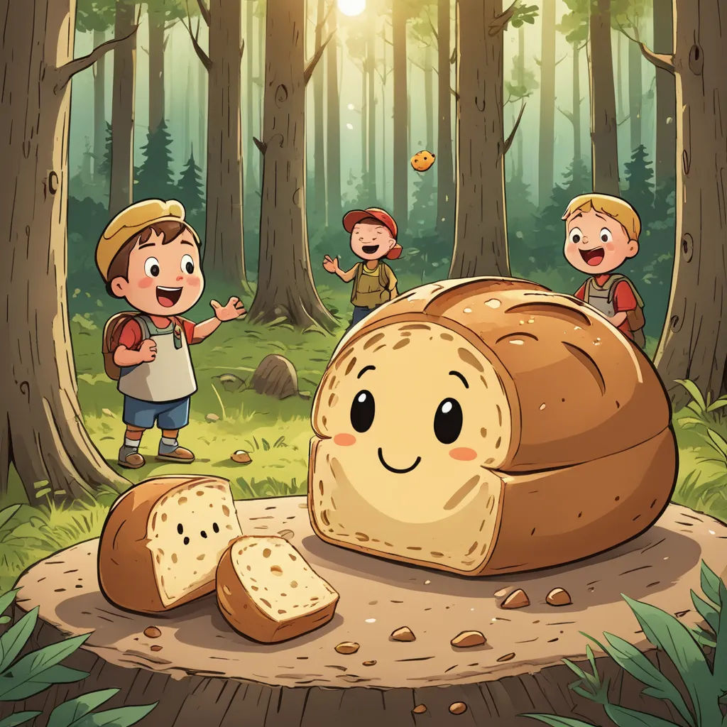 a group of kids standing in the woods near a loaf of bread and a piece of bread on a log, serial art, a storybook illustration, Diego Gisbert Llorens, storybook illustration