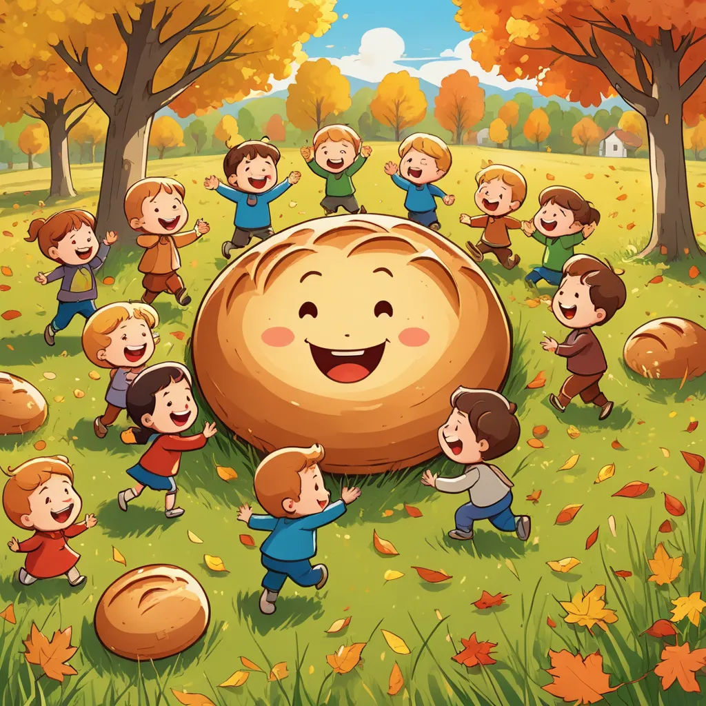 a group of children playing in a field with a large ball of bread in the middle of the field, naive art, a storybook illustration, Chris LaBrooy, storybook illustration