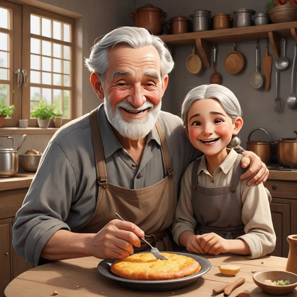 a painting of an older man and a young girl cutting a cake together in a kitchen with a knife and fork, photorealism, a storybook illustration, Alejandro Burdisio, cgstudio