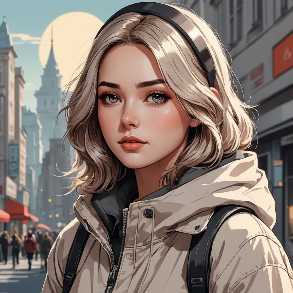 a woman with a backpack on a city street with a full moon in the background and a cityscape in the foreground, fantasy art, a detailed painting, Artgerm, city background