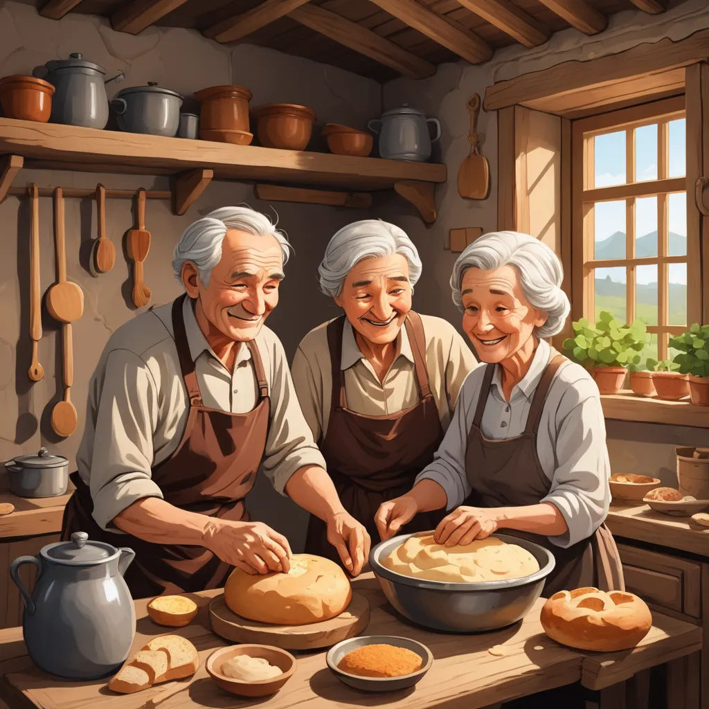 a painting of three people making bread in a kitchen together, with a window in the background and a pot of bread on the counter, american scene painting, a storybook illustration, Christophe Vacher, highly detailed digital painting