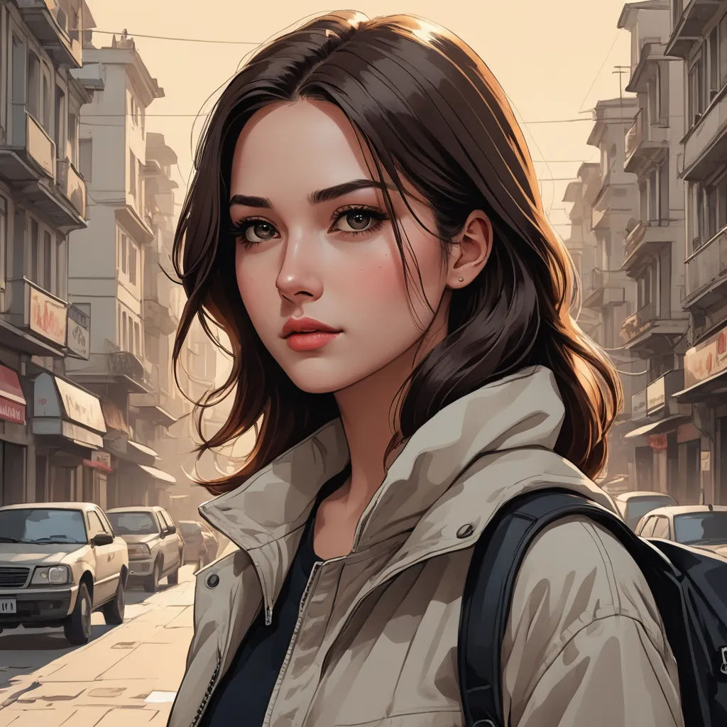 a woman with a backpack on a city street looking at the camera with a serious look on her face, fantasy art, a detailed painting, Artgerm, stanley artgerm lau