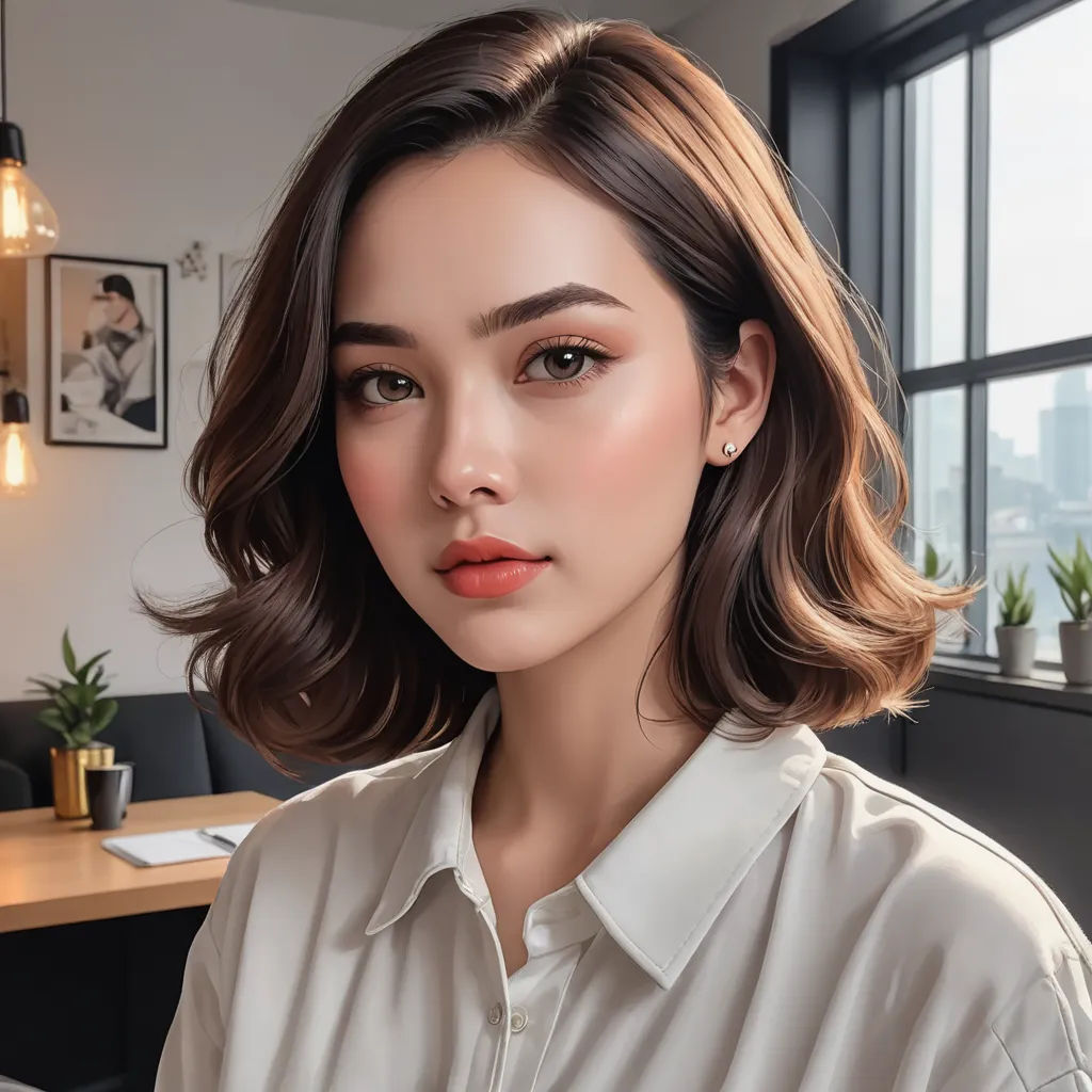 a woman with a short hair and a white shirt is looking at the camera with a city view in the background, photorealism, a photorealistic painting, Artgerm, photorealistic portrait