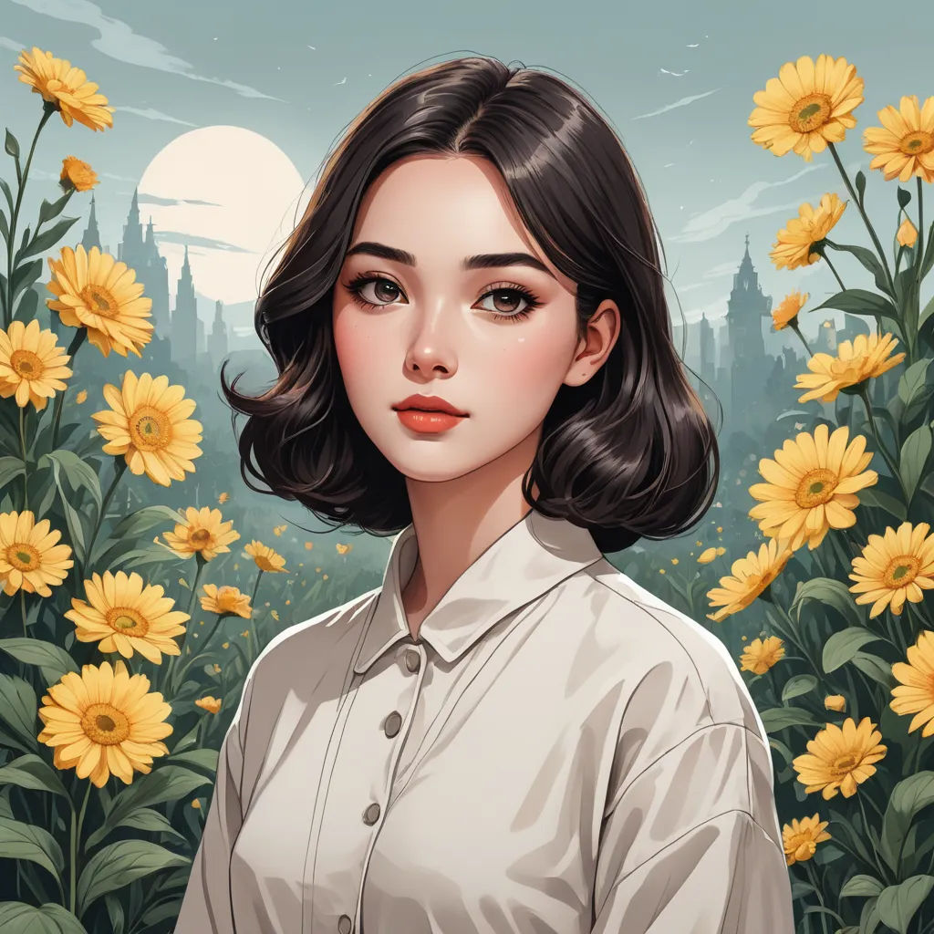 a woman standing in a field of sunflowers with a full moon in the background and a castle in the distance, fantasy art, a character portrait, Artgerm, trending on art station