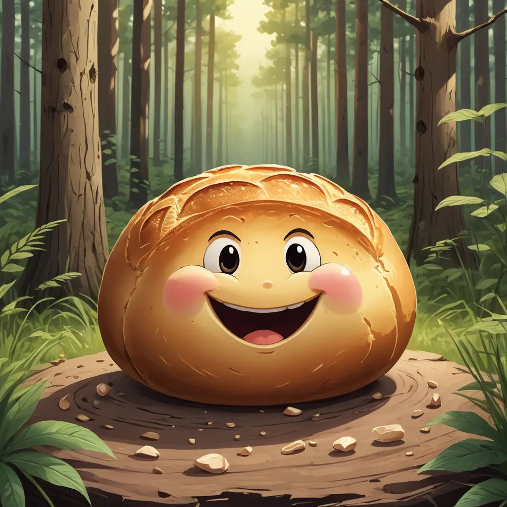 a smiling bread character sitting on a log in the forest with a forest background and sunbeams behind it, context art, a storybook illustration, Chris LaBrooy, game art