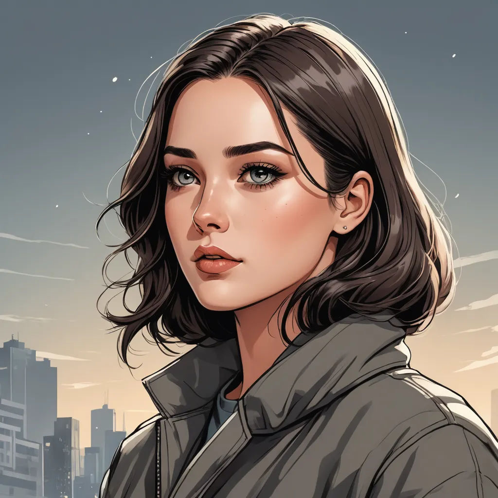 a woman with a black jacket and a city in the background, in a digital painting style, with a cityscape in the background, fantasy art, a character portrait, Artgerm, stanley artgerm lau