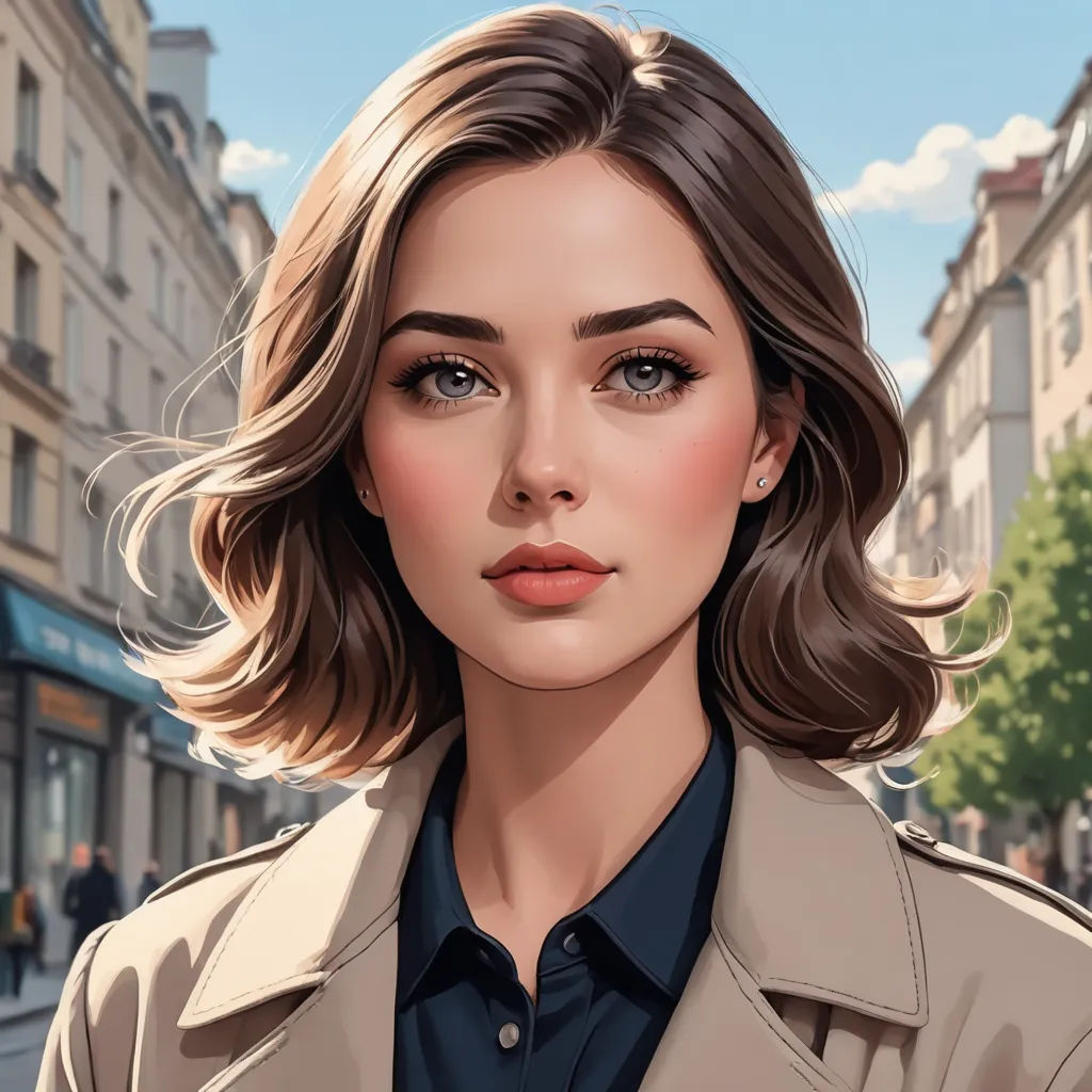 a woman in a trench coat is standing in the street with a city in the background and a blue sky, photorealism, a detailed painting, Constance Gordon-Cumming, realistic face