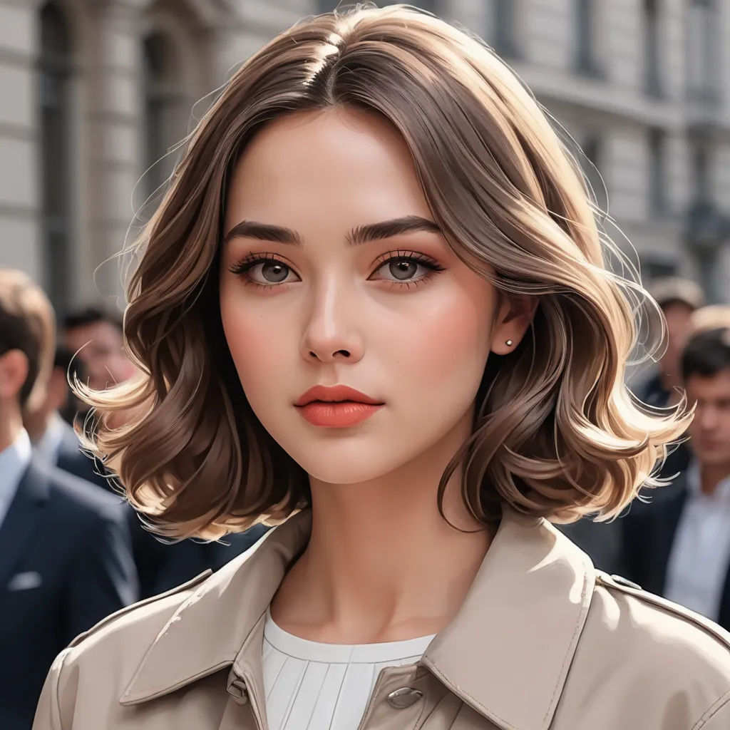 a woman with a short haircut and a suit on is standing in front of a crowd of people, art deco, a photorealistic painting, Elina Karimova, perfect face