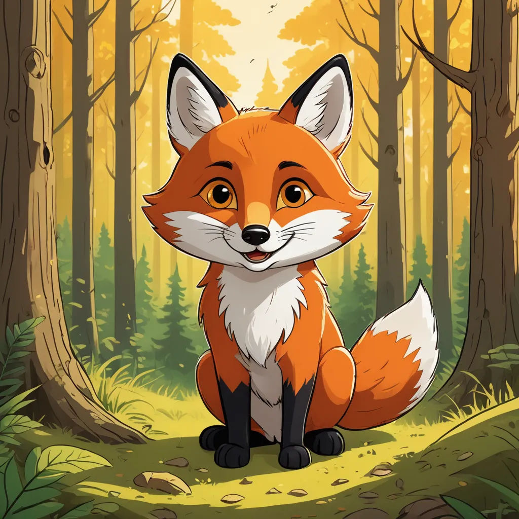 a cartoon fox sitting in the middle of a forest with trees and grass around it, looking at the camera, furry art, a character portrait, Anne Said, official art
