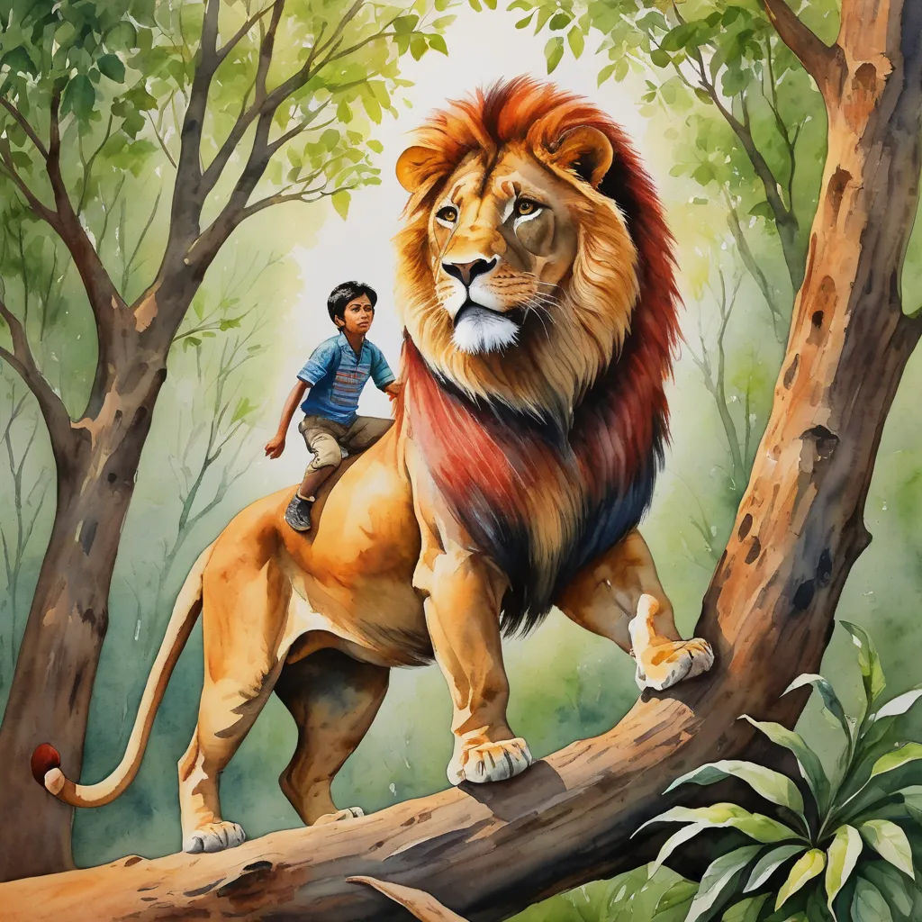 a painting of a boy riding a lion on a tree branch in a forest with a man on the back of it, sots art, a storybook illustration, Aaron Jasinski, storybook illustration