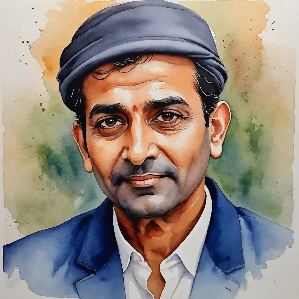 a painting of a man wearing a blue suit and a hat with a white shirt and tie on it, figurative art, a watercolor painting, Bholekar Srihari, realistic portrait