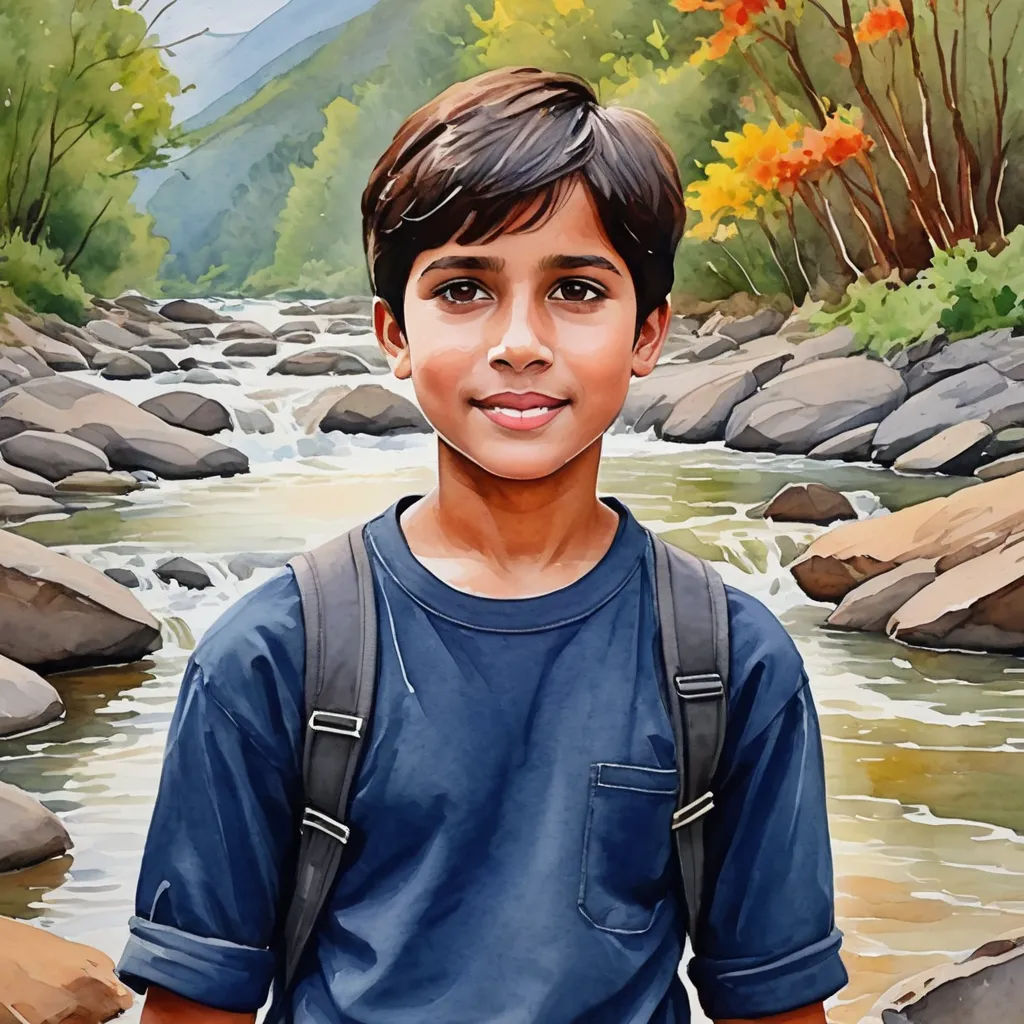 a painting of a boy standing in front of a river with rocks and trees in the background and a mountain in the background, photorealism, an oil on canvas painting, Aaron Jasinski, highly detailed oil painting
