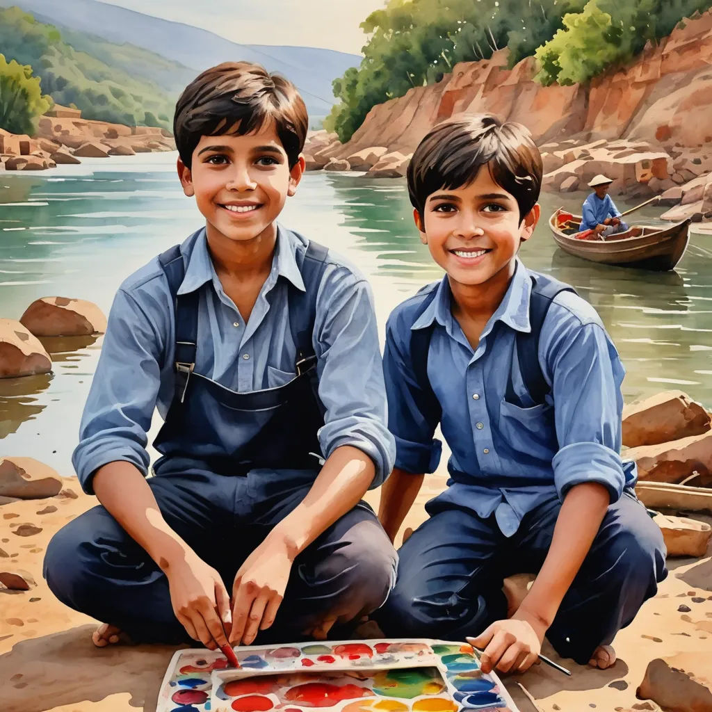 two boys are sitting on the ground with a painting of them on the ground, and one boy is holding a paintbrush, photorealism, an oil on canvas painting, Brothers Hildebrandt, extremely detailed oil painting