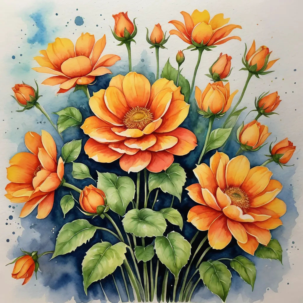 a painting of orange flowers with green leaves on a white background with watercolor stains on it and a blue spot, modern european ink painting, a watercolor painting, Alison Kinnaird, in gouache detailed paintings