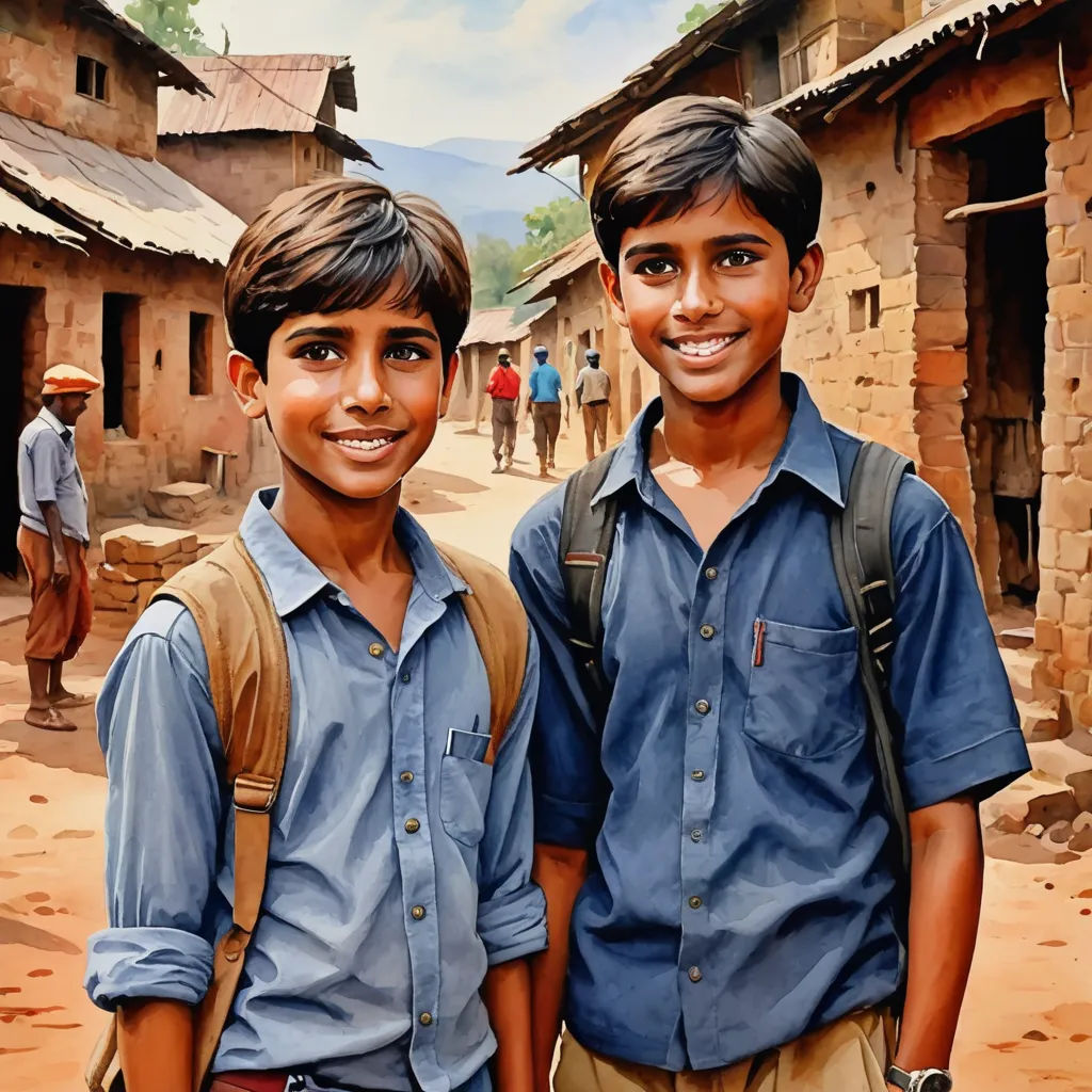 two young boys standing next to each other in a village with a mountain in the background and a village with people walking on the street, photorealism, a photorealistic painting, Drew Struzan, extremely detailed oil painting