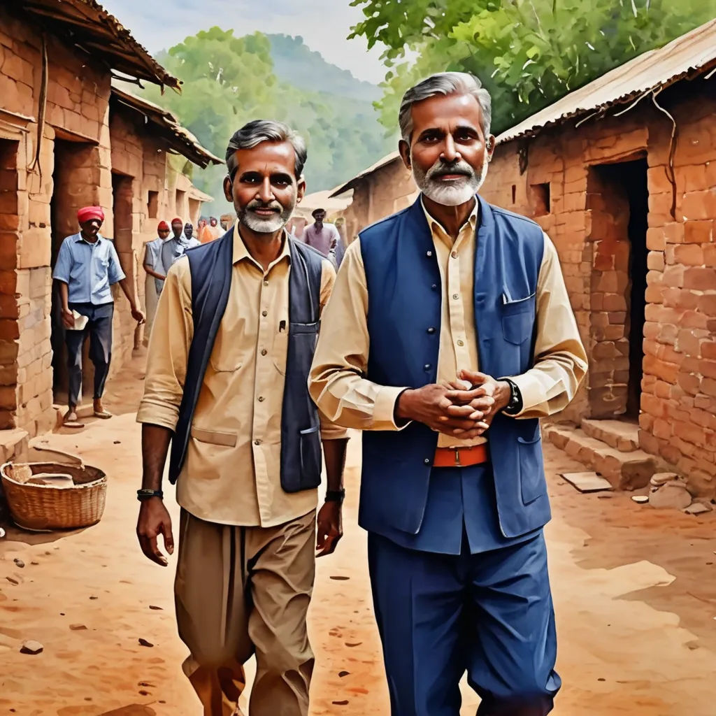 two men walking down a dirt road next to a building with a clock on it's side and a basket on the ground, photorealism, a photorealistic painting, Bholekar Srihari, highly detailed digital painting