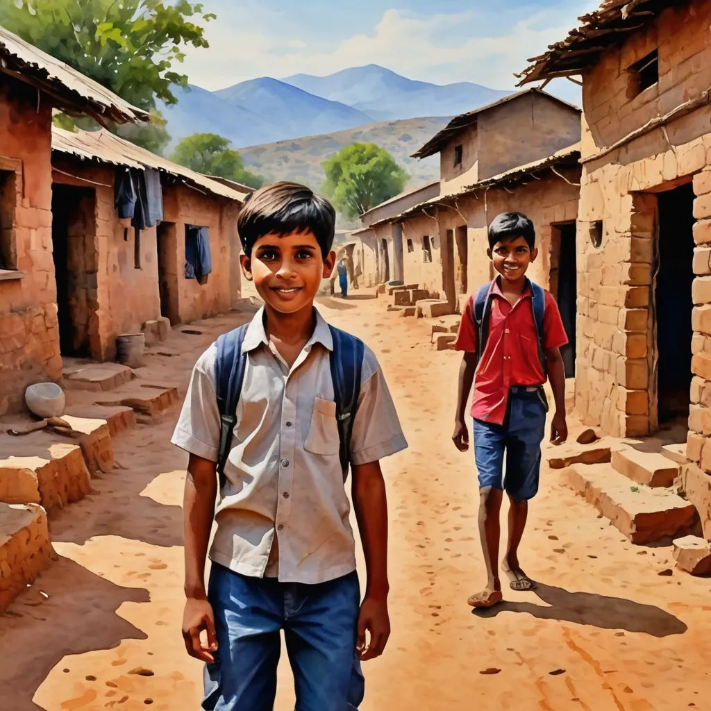 two young boys walking down a dirt road in a village with mountains in the background in the distance, a boy is smiling, samikshavad, a poster, Bholekar Srihari, award-winning photograph