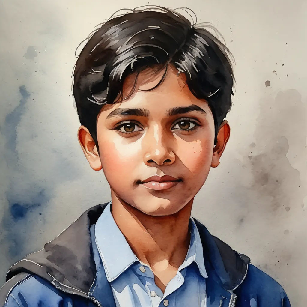 a painting of a boy with a blue shirt and a black jacket on his shoulders and a blue shirt on his chest, bengal school of art, a watercolor painting, Bhupen Khakhar, photorealistic portrait