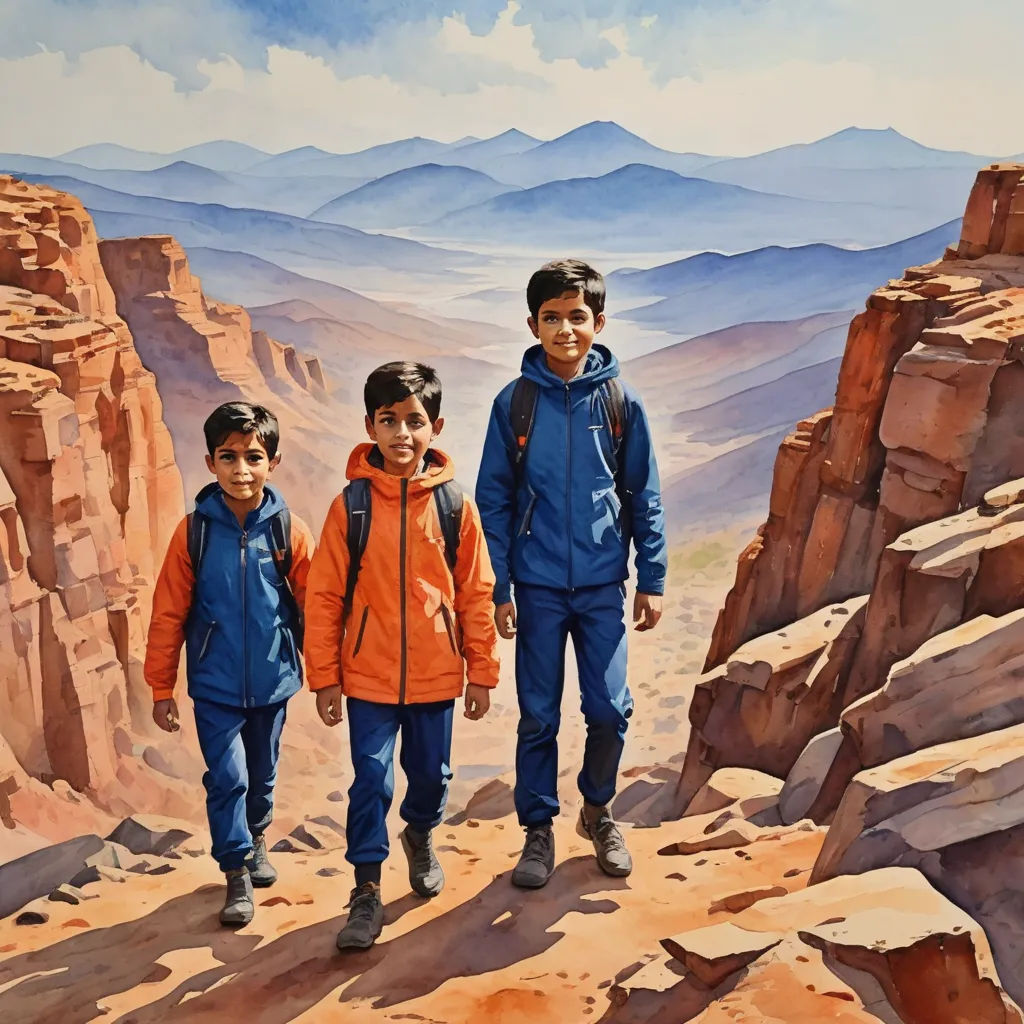 a painting of three boys walking up a mountain trail in the desert with mountains in the background and a blue sky, photorealism, an airbrush painting, Eric Zener, in gouache detailed paintings