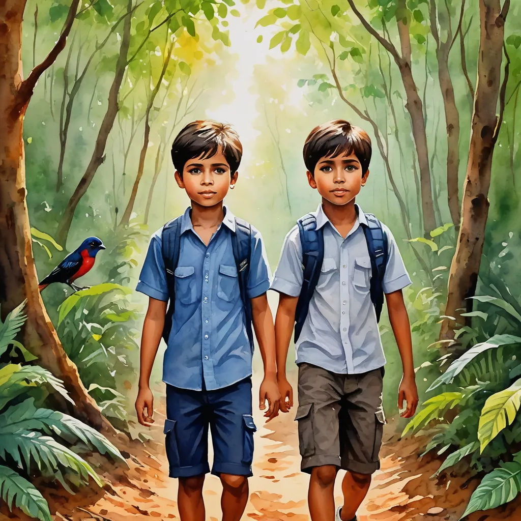 two boys walking in the woods with a bird on their shoulder and a bird on his shoulder, and a bird on his shoulder, photorealism, a detailed painting, Brothers Hildebrandt, highly detailed digital painting