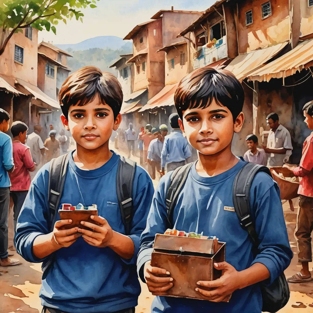 two boys are standing in a village holding boxes of food and a box of chips in their hands,, samikshavad, a detailed painting, Drew Struzan, highly detailed digital painting