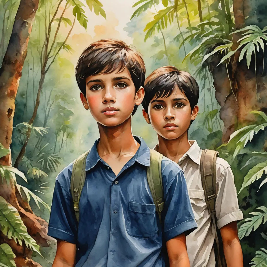 a painting of two boys in the jungle with a backpack on their shoulders and a backpack on his shoulder, photorealism, a detailed painting, David Palumbo, extremely detailed oil painting