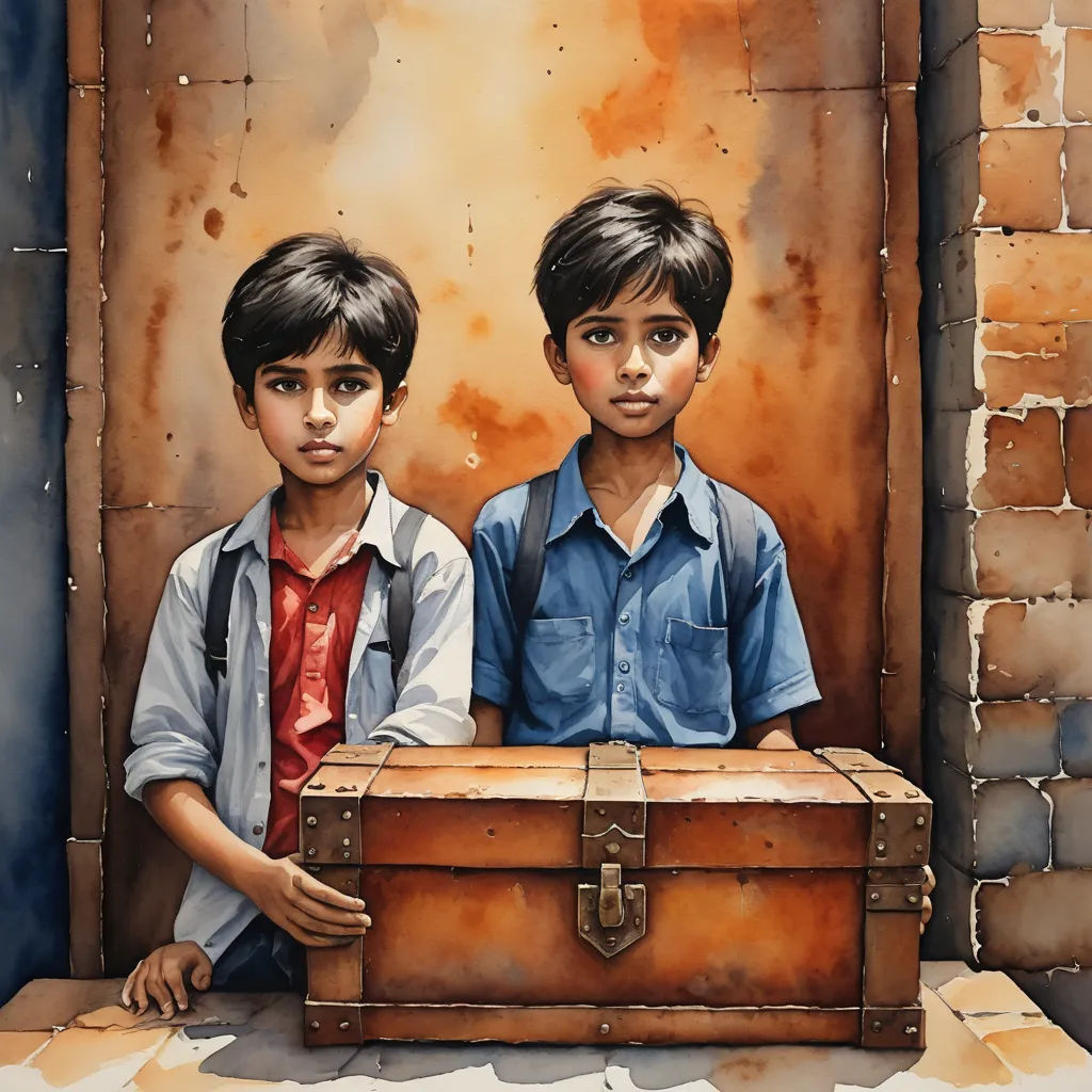 two boys are standing next to a suitcase in a doorway with a brick wall behind them and a painting of them, figurative art, a detailed painting, Brothers Hildebrandt, in gouache detailed paintings