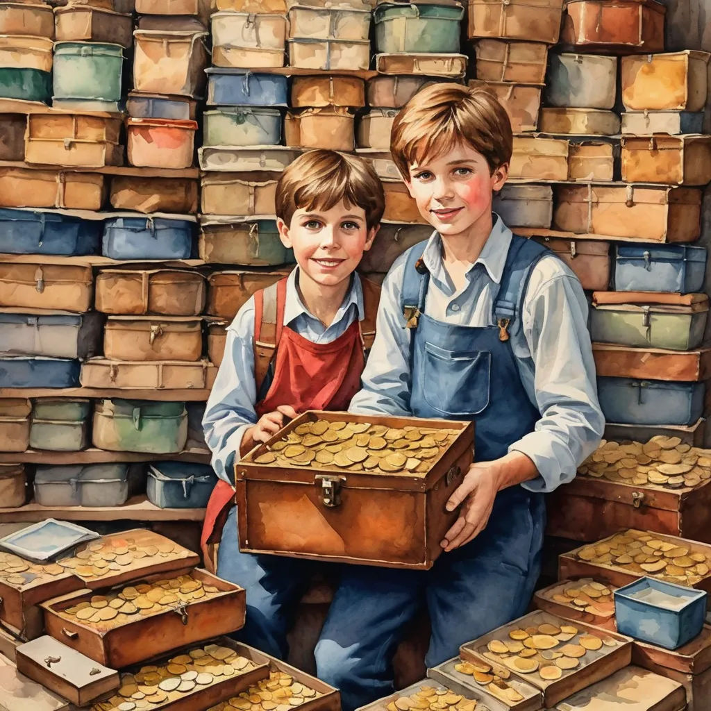 a painting of two boys holding a chest of gold coins in front of stacks of boxes of gold coins, figurative art, a detailed painting, Bob Byerley, highly detailed oil painting