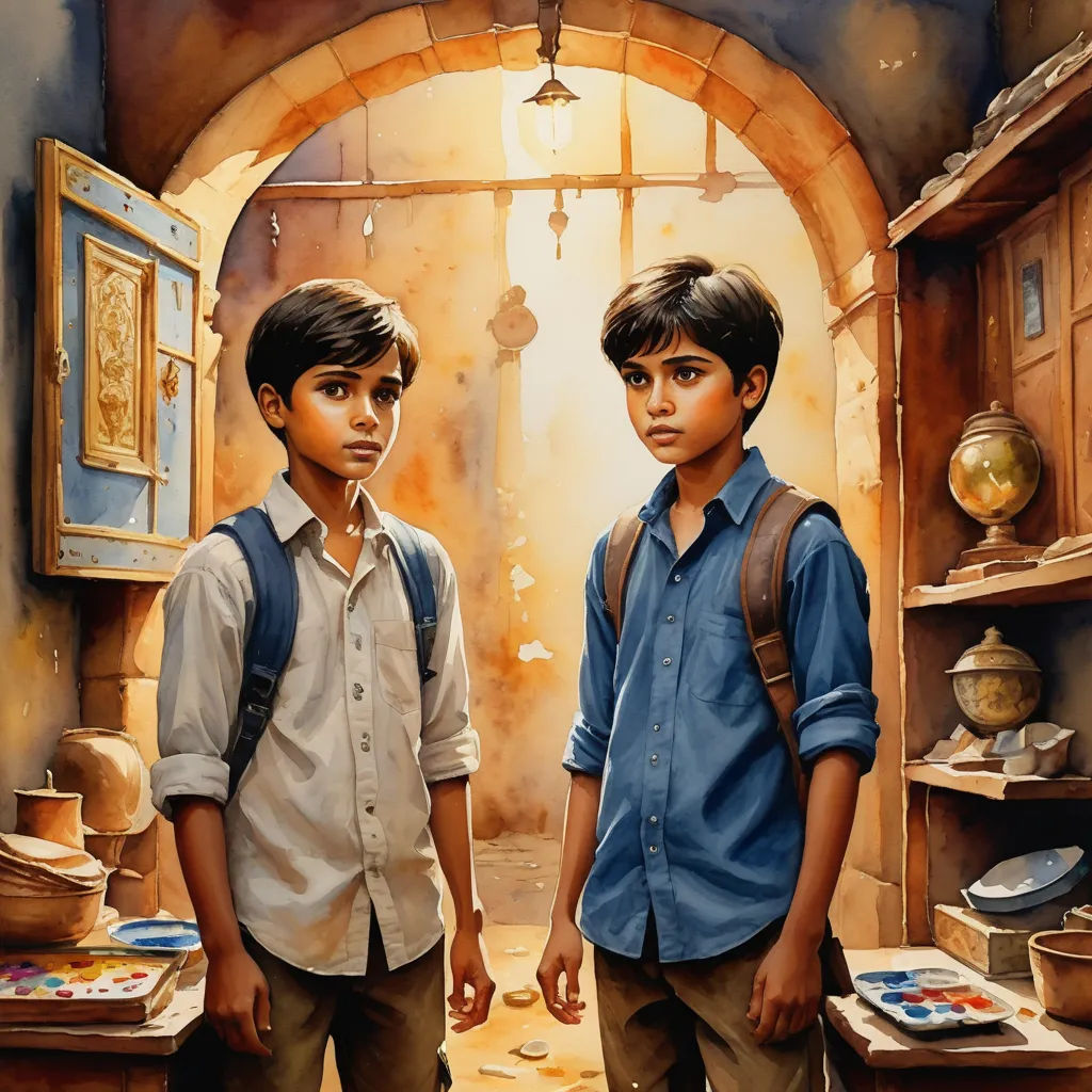 two young boys standing in a room with a light on the ceiling and a painting on the wall behind them, samikshavad, a detailed painting, Drew Struzan, highly detailed digital painting