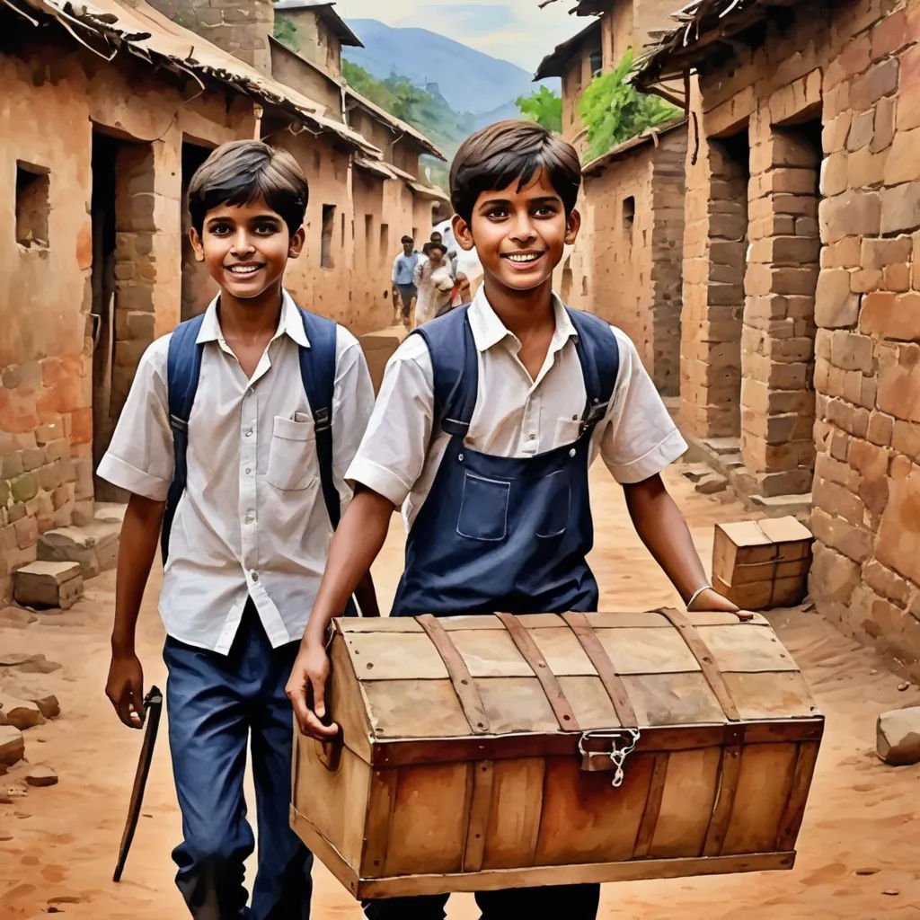 two boys carrying a trunk down a street in a village in india, one carrying a cane and the other carrying a cane, samikshavad, a detailed matte painting, Bikash Bhattacharjee, cinematic photography