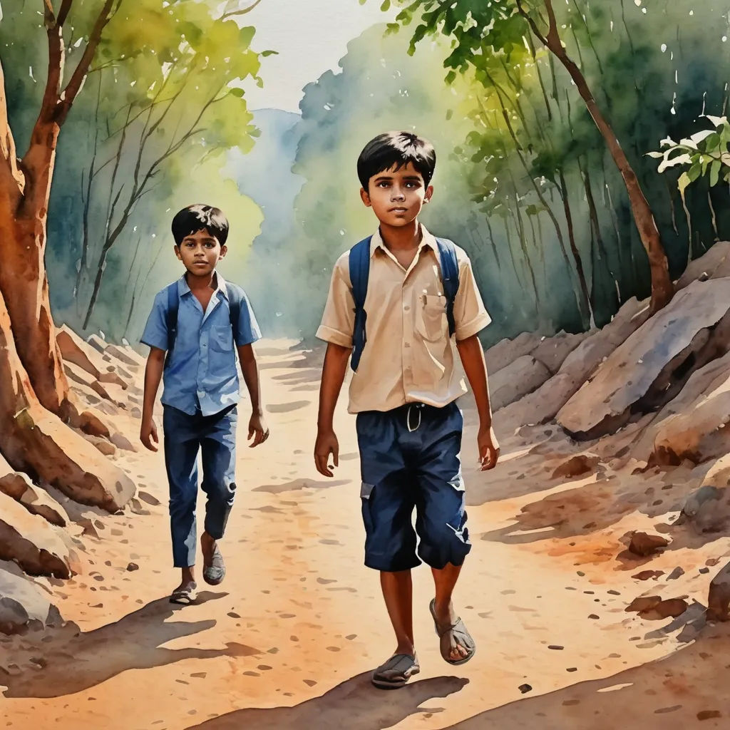 two boys walking down a dirt road in the woods with trees in the background and a painting of them, bengal school of art, a watercolor painting, Bhupen Khakhar, in gouache detailed paintings