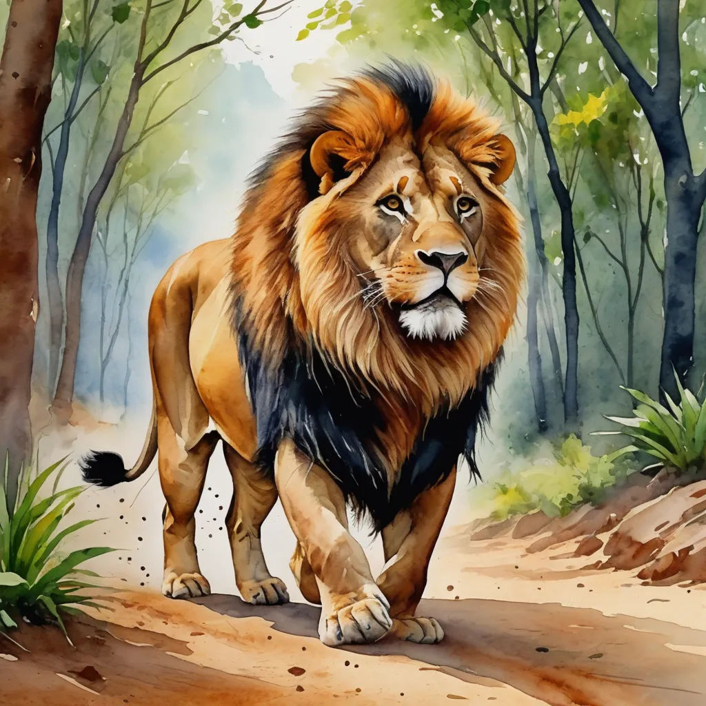 a painting of a lion walking through a forest with trees and bushes in the background, with a blue sky and clouds, furry art, a digital painting, Anne Stokes, professional digital painting