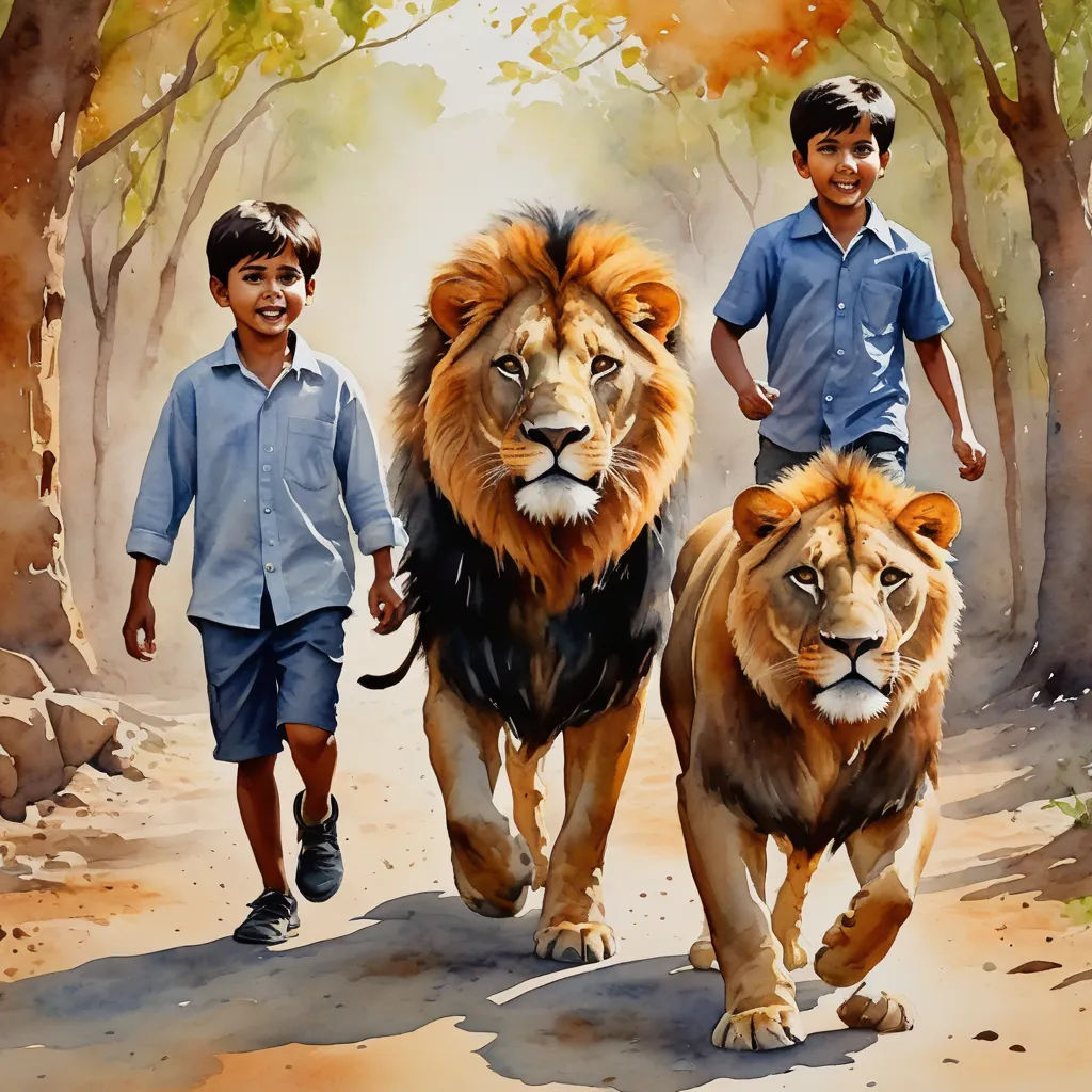 a painting of two boys walking with two lions on a path in the woods, one of them is wearing a blue shirt, bengal school of art, an oil on canvas painting, Brothers Hildebrandt, highly detailed digital painting