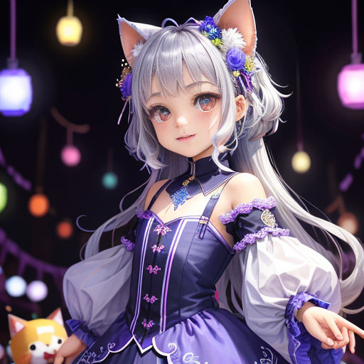 a anime girl with long hair and a cat ears headpiece in a dress with a cat ears on her head
