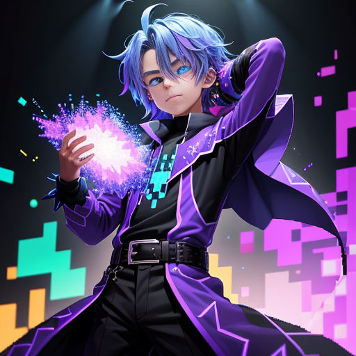 a man in a purple outfit holding a purple ball in his hand and a purple and black outfit on his left