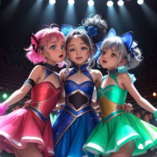 three girls in colorful dresses standing in front of a stage with lights on it and a spotlight behind them