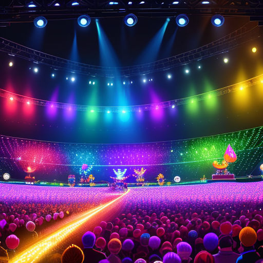 a brightly lit arena with a stage and a lot of people in it with lights on the stage and a lot of balloons