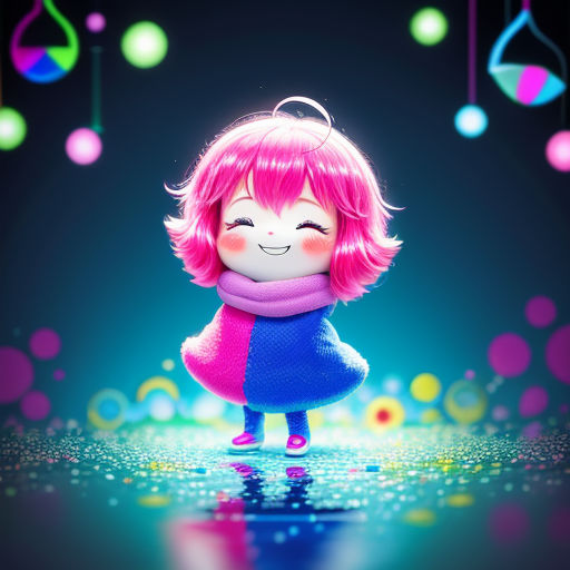 a cartoon girl with pink hair and a scarf on a blue background with colorful lights and bubbles around her