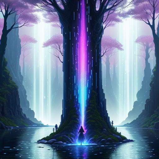 a person standing in front of a waterfall in a forest with a waterfall in the middle of it and a purple light coming from the water