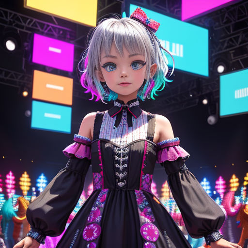 a girl in a dress with a bow in front of a stage with lights and a sign above her