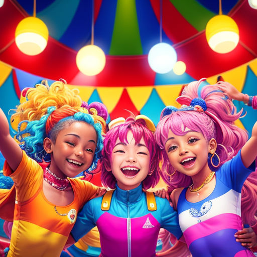 a group of girls standing next to each other in front of a carnival tent with lights on the ceiling
