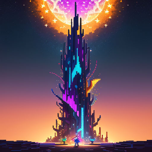 a futuristic city with a giant tower and a star filled sky in the background, with a person standing in front of it
