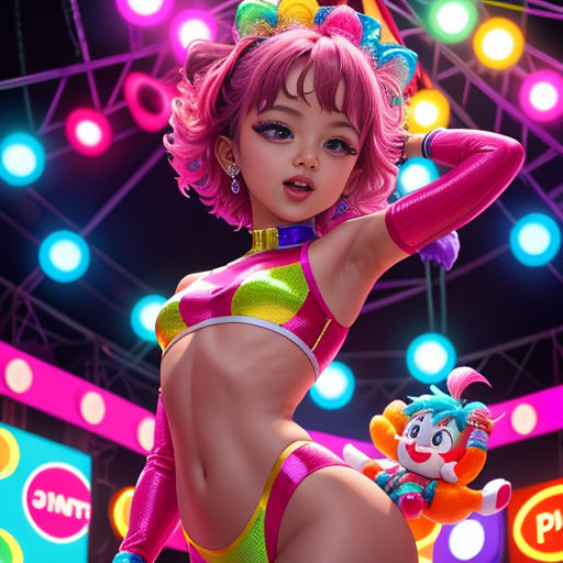 a cartoon girl in a bikini and clown makeup posing for a picture in front of a carnival ride with lights